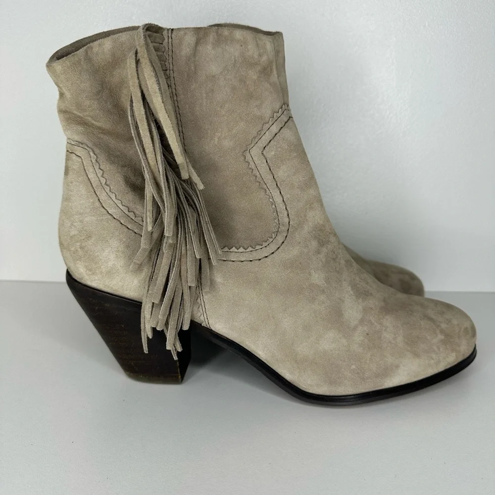 Sam Edelman Gray Suede Fringe Louie Heeled Ankle Boot Women’s Size 10.5